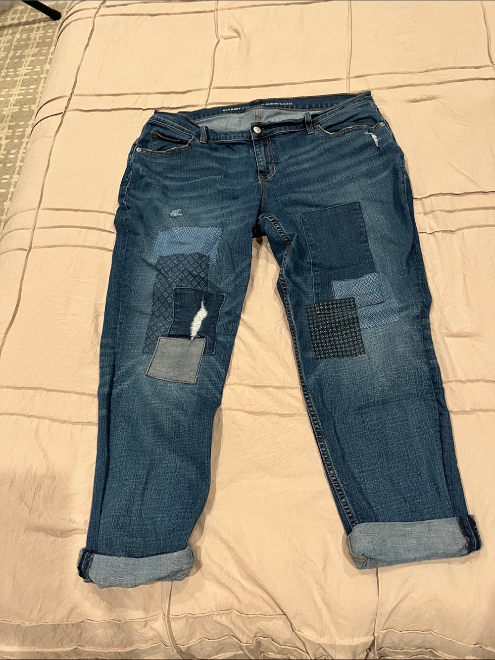 Old Navy Blue Patchwork Boyfriend Jeans with Rolled Cuffs